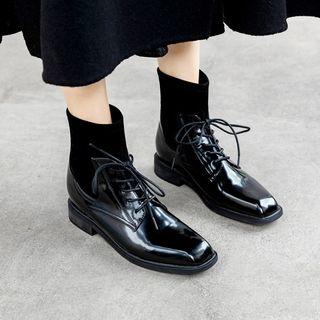 Square-toe Patent Lace-up Paneled Short Boots