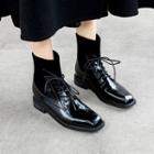 Square-toe Patent Lace-up Paneled Short Boots