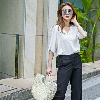 Short-sleeve Open-placket Chiffon Blouse