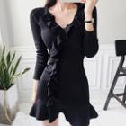 Ruffle Mini Sheath Knit Dress Black - One Size