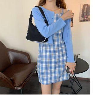 Cropped Cardigan / Spaghetti Strap Plaid Dress
