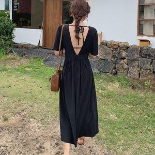 Short-sleeve Open-back Wrap Midi A-line Dress Black - One Size