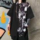 Elbow-sleeve Tie-dyed Panel Shirt Black - One Size