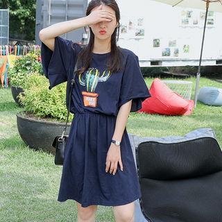 Gathered-waist Sequined Cactus Print Dress