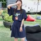 Gathered-waist Sequined Cactus Print Dress