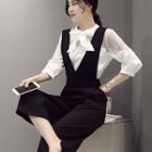 Set: 3/4 Sleeve Blouse + Pinafore Culottes Jumpsuit