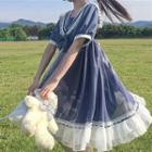 Sailor Collar Two-tone Short-sleeve Midi A-line Dress