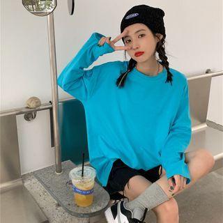 Plain Round Neck Long-sleeve Loose-fit Long T-shirt