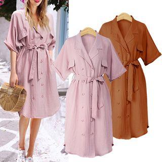 Elbow-sleeve Double-breasted Shirt Dress