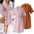 Elbow-sleeve Double-breasted Shirt Dress