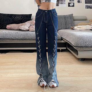 Gradient Lace-up High Waist Wide Leg Jeans