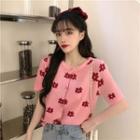 Short-sleeve Floral Print Knit Top Pink - One Size