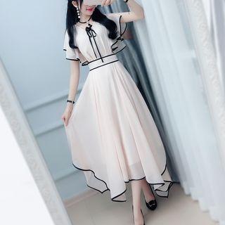 Short-sleeve Piped Midi Chiffon Dress