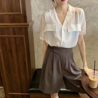 Set: Short-sleeve Open-collar Shirt + Wide-leg Shorts