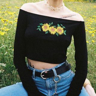 Long-sleeve Off Shoulder Embroidered T-shirt