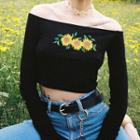 Long-sleeve Off Shoulder Embroidered T-shirt