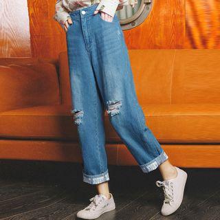 Print Rolled Distressed Jeans