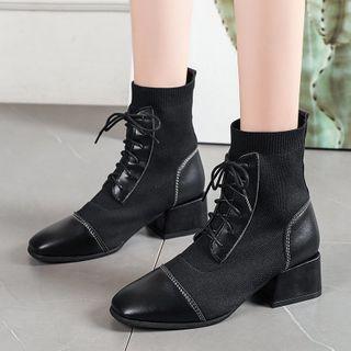Chunky-heel Knit Panel Lace-up Short Boots