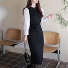 Contrast-sleeve Long Knit Dress With Sash