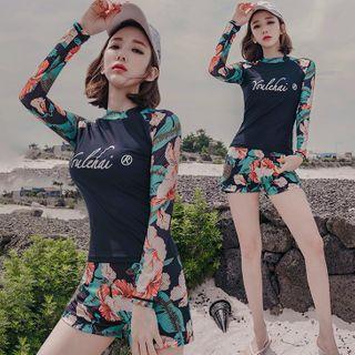 Set: Flower Print Long-sleeve Rash Guard + Swim Shorts