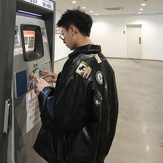Patch-accent Faux-leather Jacket