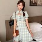 Cheongsam Collar Ruffle Trim Plaid A-line Mini Dress