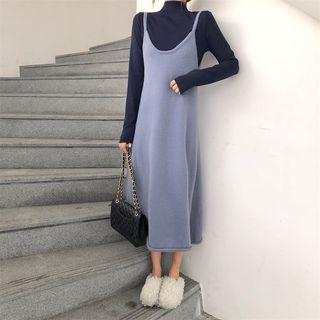 Long-sleeve Mock Neck Knit Top / Spaghetti Strap Midi Dress