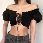 Off-shoulder Lace Up Front Puff-sleeve Crop Blouse