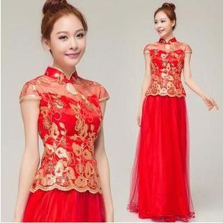 Embroidered Cap-sleeve Wedding Cheongsam