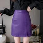 High-waist Faux Leather Slit Mini A-line Skirt