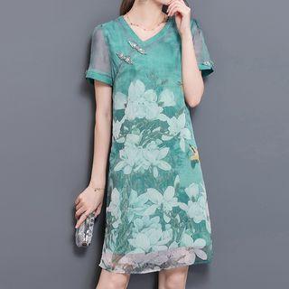 Printed Frog-button Short-sleeve Shift Dress