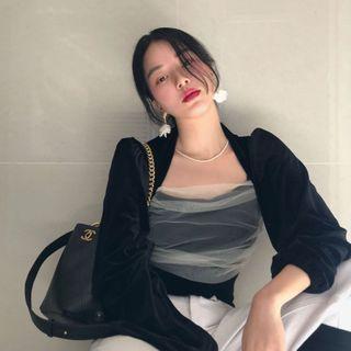 Mesh Panel Velvet Shirt Black - One Size