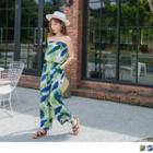 Strapless Leaves Print Jumpsuit