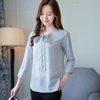 Tie Neck 3/4 Sleeve Pinstriped Chiffon Blouse