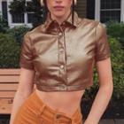Short-sleeve Faux Leather Cropped Shirt