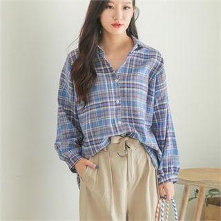 Raglan-sleeve Boxy Plaid Shirt