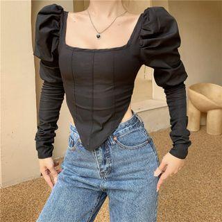 Puff-sleeve Square Neck Asymmetrical Cropped Top