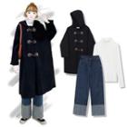 Hooded Toggle Coat / Wide-leg Jeans / Long-sleeve T-shirt