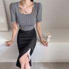 Square-neck Overlock-stitch Gingham Blouse