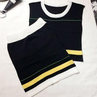 Set: Knit Tank Top + Mini Fitted Skirt Black - One Size