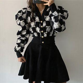 Puff-sleeve Two-tone Cardigan / Mini A-line Skirt