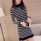 Long-sleeve Striped Mini Sheath Knit Dress