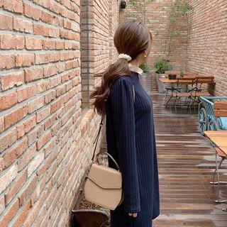 Lace-trim Ribbed Knit Dress Navy Blue - One Size