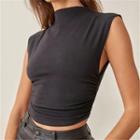 Sleeveless Mock-neck Ruched Plain Crop Top
