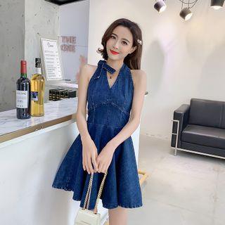 Halter-neck Mini A-line Denim Dress