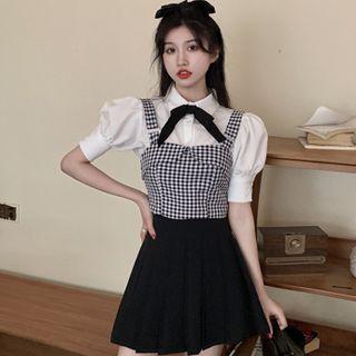 Plaid Cropped Camisole Top / Puff-sleeve Plain Shirt / Mini A-line Skort