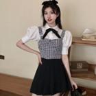 Plaid Cropped Camisole Top / Puff-sleeve Plain Shirt / Mini A-line Skort