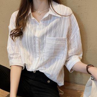 Striped Pocket Detail Elbow-sleeve Blouse