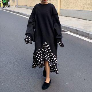 Mock Two-piece Dotted Panel Midi Pullover Dress Black - One Size