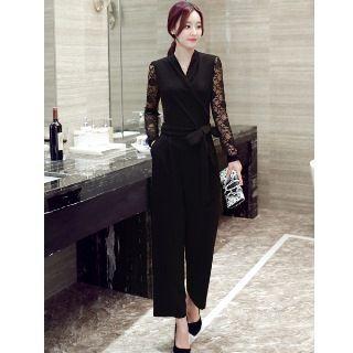 Lace-panel Sleeve Bow-tied Jumpsuit